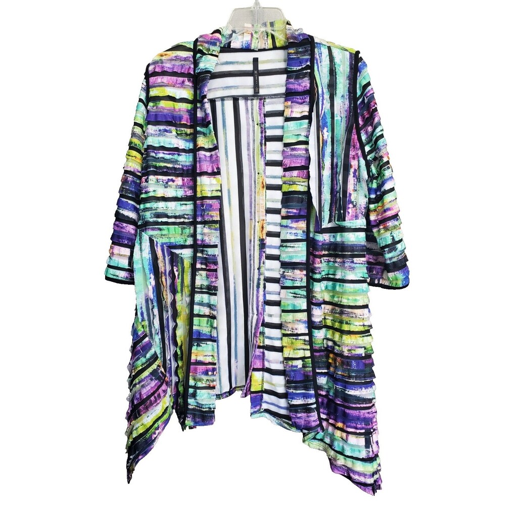 IC by Connie K Multicolor Tiered Asymmetric Artsy Open Front Cardigan Size Large